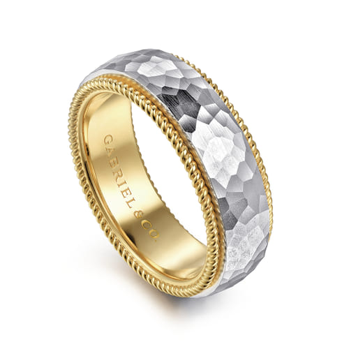 14K White-Yellow Gold 8mm - Two Tone Men's Wedding Band in Hammered Finish 14K White-Yellow Gold 8mm - Two Tone Men's Wedding Band in Hammered Finish