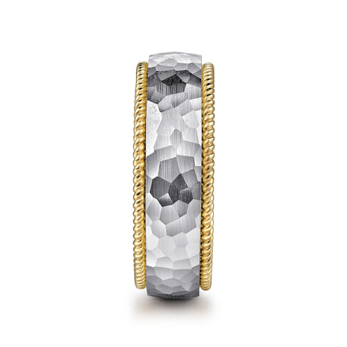 14K White-Yellow Gold 8mm - Two Tone Men's Wedding Band in Hammered Finish 14K White-Yellow Gold 8mm - Two Tone Men's Wedding Band in Hammered Finish
