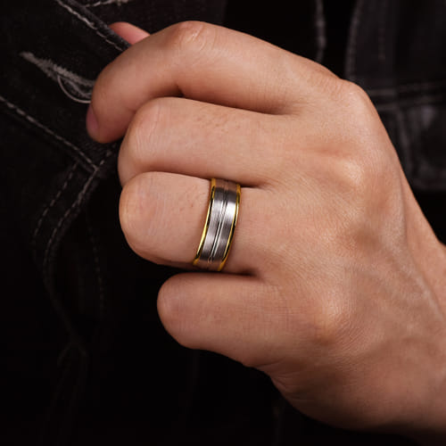 14K White-Yellow Gold 8mm - Two Tone Men's Wedding Band in Satin Finish