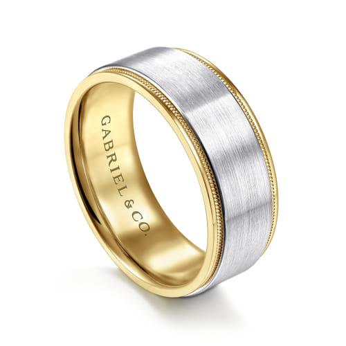14K White-Yellow Gold 8mm - Two Tone Men's Wedding Band in Satin Finish 14K White-Yellow Gold 8mm - Two Tone Men's Wedding Band in Satin Finish