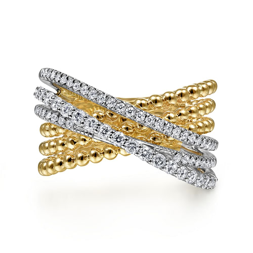 14K White-Yellow Gold Bujukan Ball and Diamond Criss Cross Ring