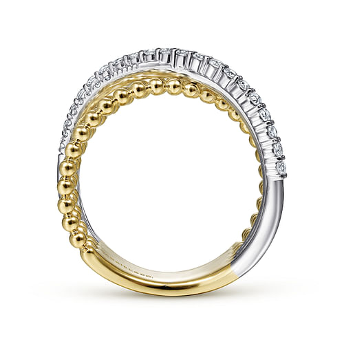 14K White-Yellow Gold Bujukan Ball and Diamond Criss Cross Ring