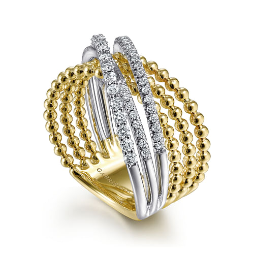 14K White-Yellow Gold Bujukan Ball and Diamond Criss Cross Ring