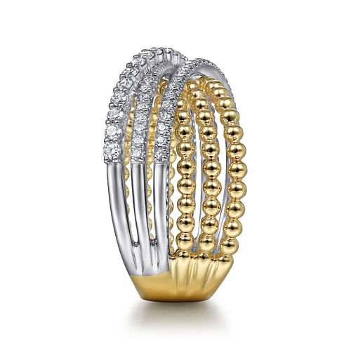 14K White-Yellow Gold Bujukan Ball and Diamond Criss Cross Ring