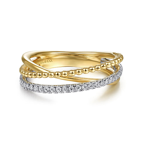 14K White-Yellow Gold Bujukan Ball and Diamond Criss Cross Ring