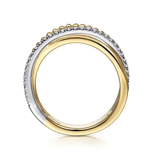 14K White-Yellow Gold Bujukan Ball and Diamond Criss Cross Ring