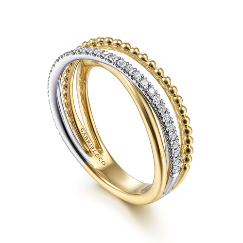 14K White-Yellow Gold Bujukan Ball and Diamond Criss Cross Ring