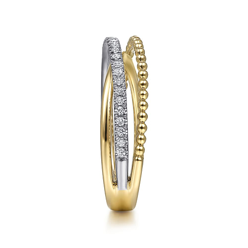 14K White-Yellow Gold Bujukan Ball and Diamond Criss Cross Ring