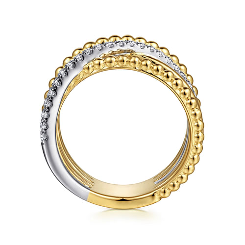 14K White-Yellow Gold Bujukan Ball and Diamond Criss Cross Ring