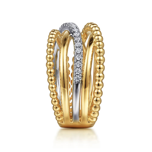 14K White-Yellow Gold Bujukan Ball and Diamond Criss Cross Ring