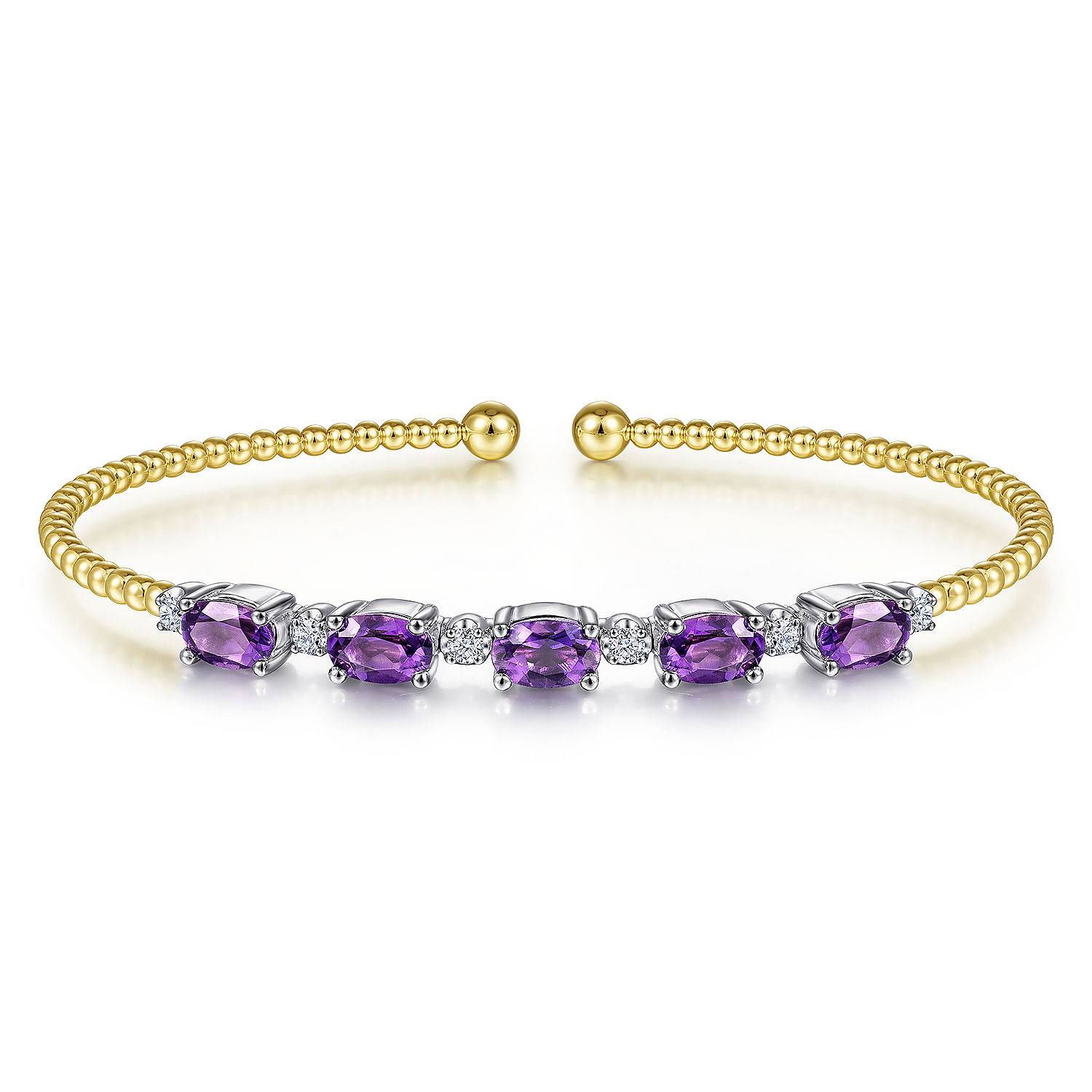14K White-Yellow Gold Bujukan Bead Cuff Bracelet with Amethyst and Diamond Stations