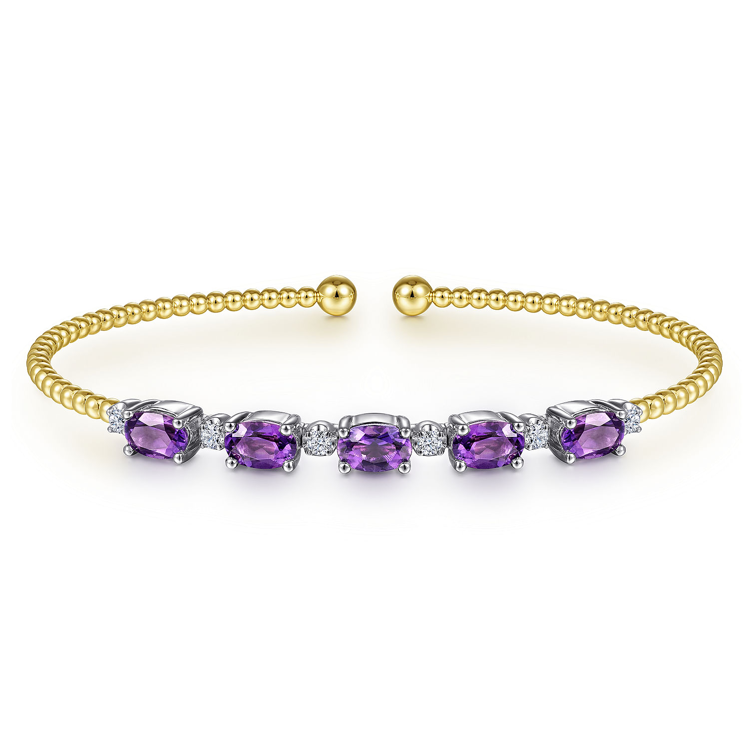 14K White-Yellow Gold Bujukan Bead Cuff Bracelet with Amethyst and Diamond Stations