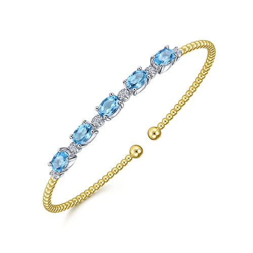 14K White-Yellow Gold Bujukan Bead Cuff Bracelet with Blue Topaz and Diamond Stations