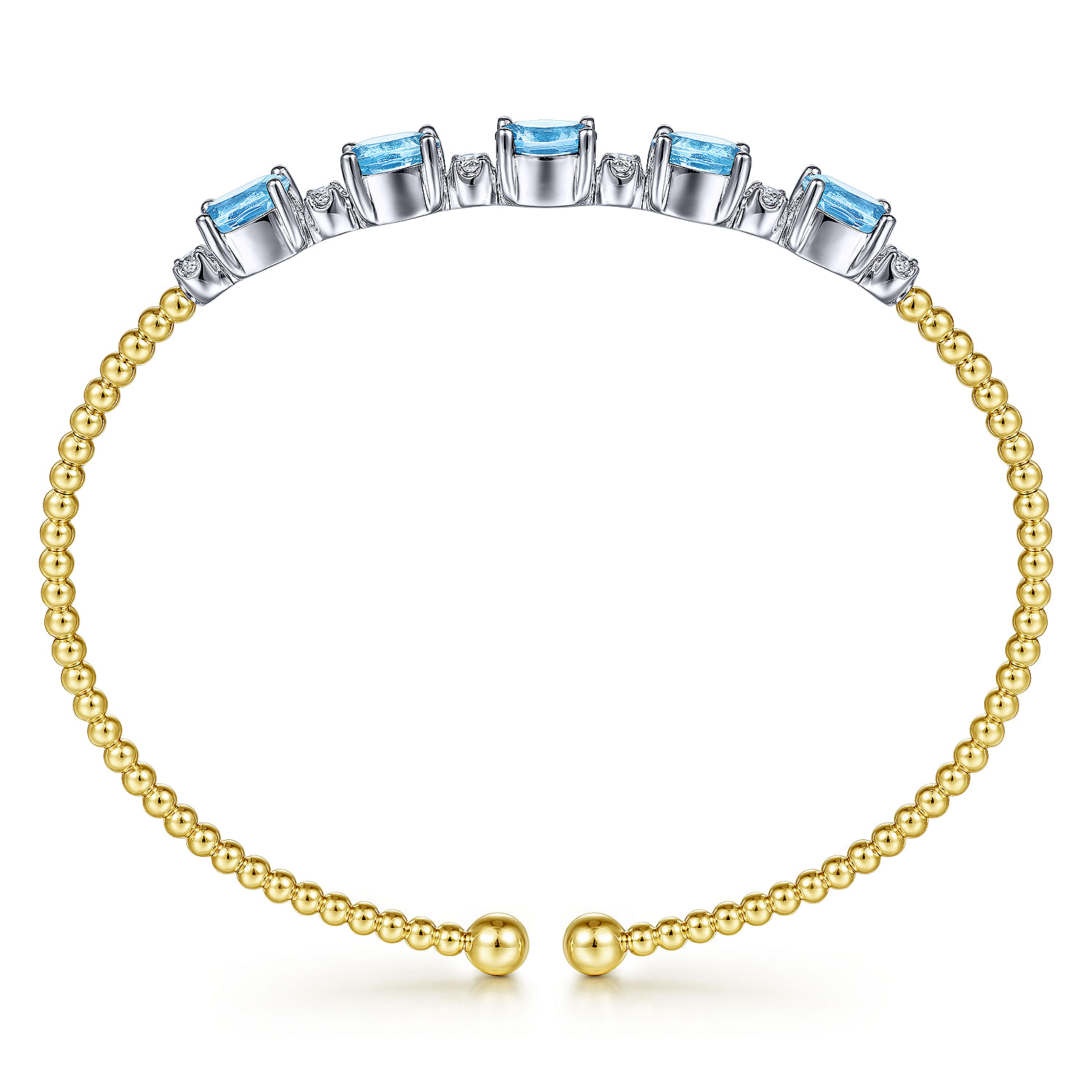 14K White-Yellow Gold Bujukan Bead Cuff Bracelet with Blue Topaz and Diamond Stations