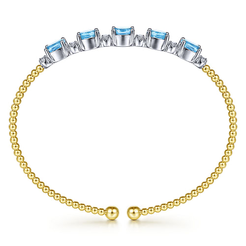 14K White-Yellow Gold Bujukan Bead Cuff Bracelet with Blue Topaz and Diamond Stations