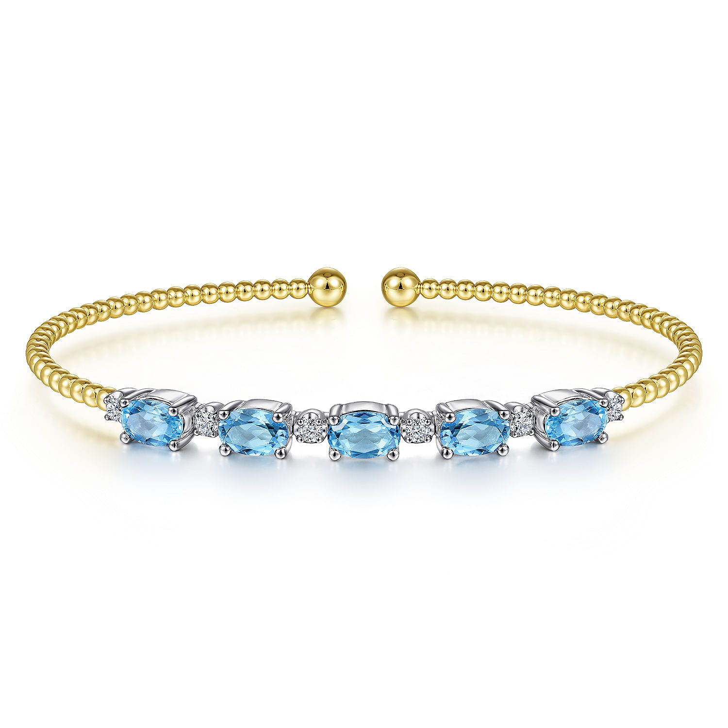 14K White-Yellow Gold Bujukan Bead Cuff Bracelet with Blue Topaz and Diamond Stations