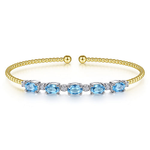 14K White-Yellow Gold Bujukan Bead Cuff Bracelet with Blue Topaz and Diamond Stations