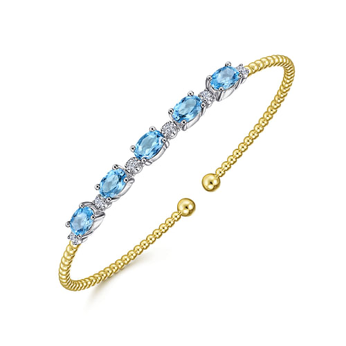 14K White-Yellow Gold Bujukan Bead Cuff Bracelet with Blue Topaz and Diamond Stations