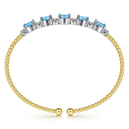 14K White-Yellow Gold Bujukan Bead Cuff Bracelet with Blue Topaz and Diamond Stations