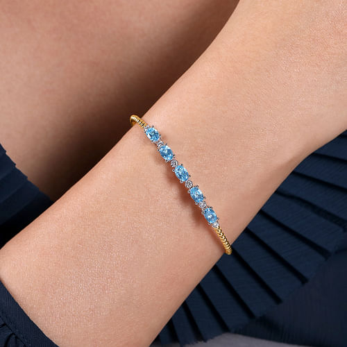 14K White-Yellow Gold Bujukan Bead Cuff Bracelet with Blue Topaz and Diamond Stations