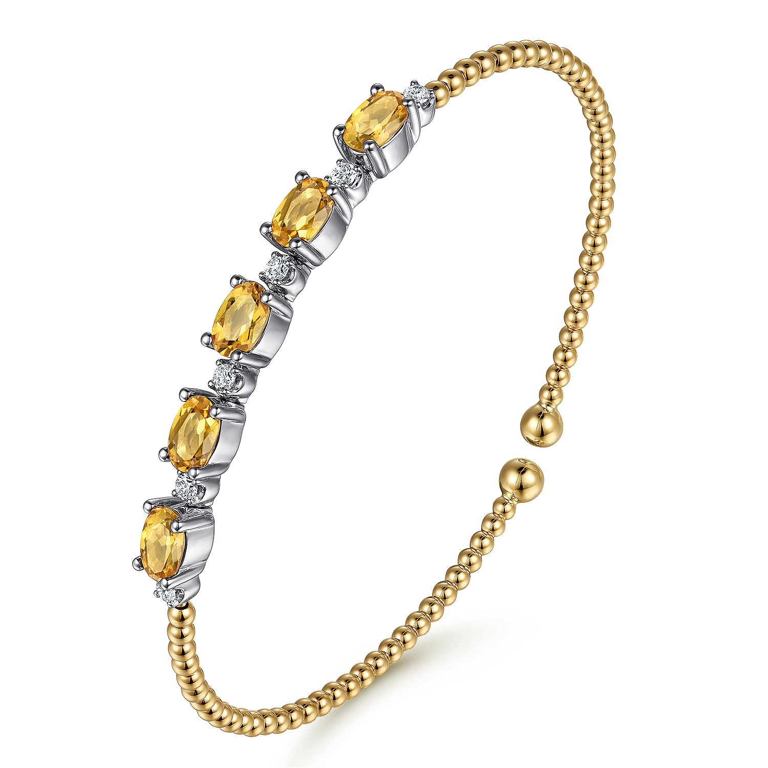14K White-Yellow Gold Bujukan Bead Cuff Bracelet with Citrine and Diamond Stations