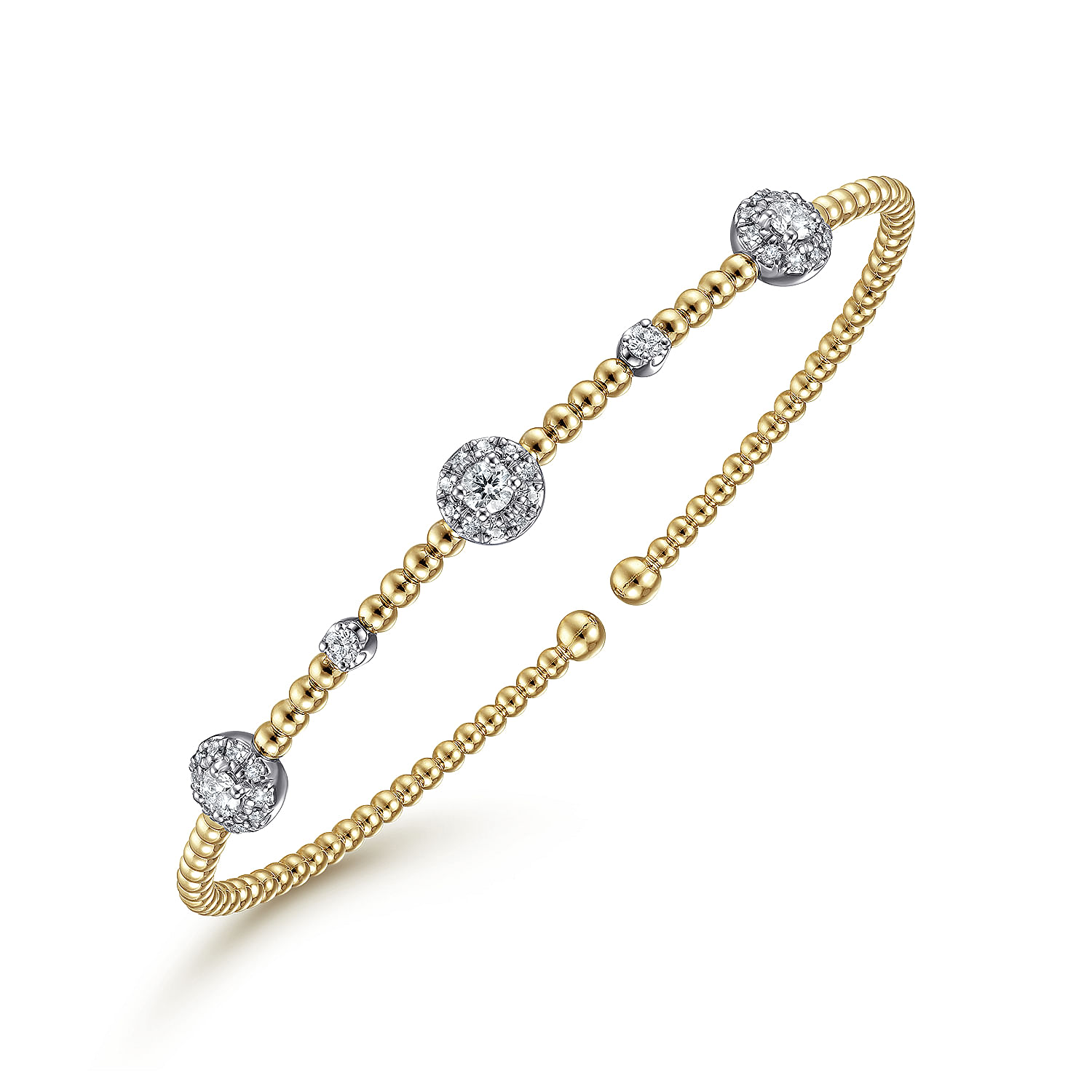 14K White-Yellow Gold Bujukan Bead Cuff Bracelet with Diamond Cluster Stations