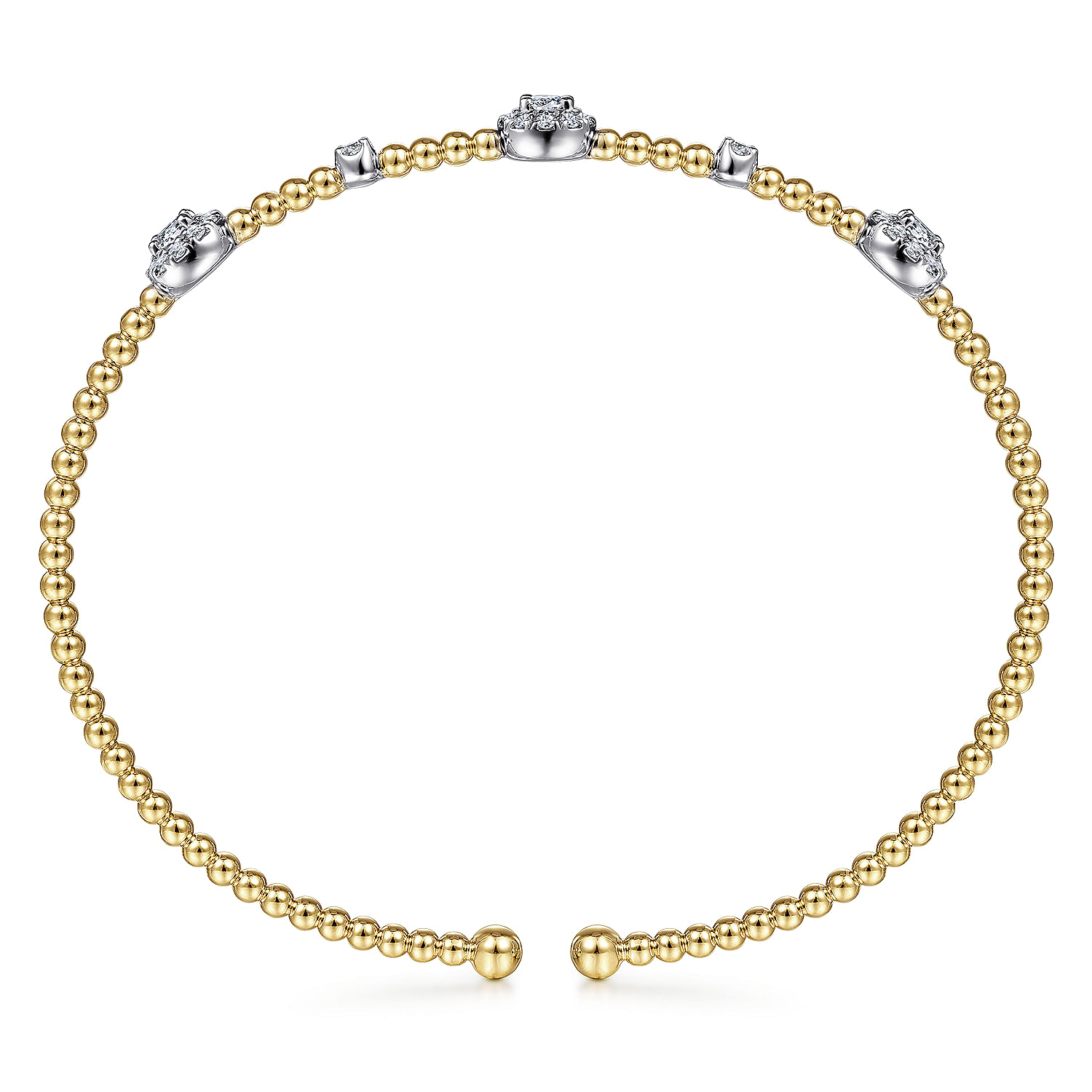 14K White-Yellow Gold Bujukan Bead Cuff Bracelet with Diamond Cluster Stations