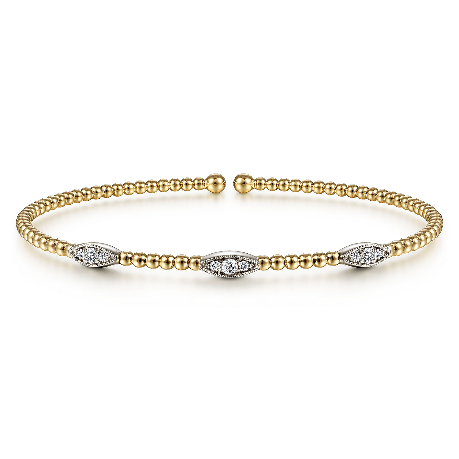 14K White-Yellow Gold Bujukan Bead Cuff Bracelet with Diamond Filled Marquise Stations