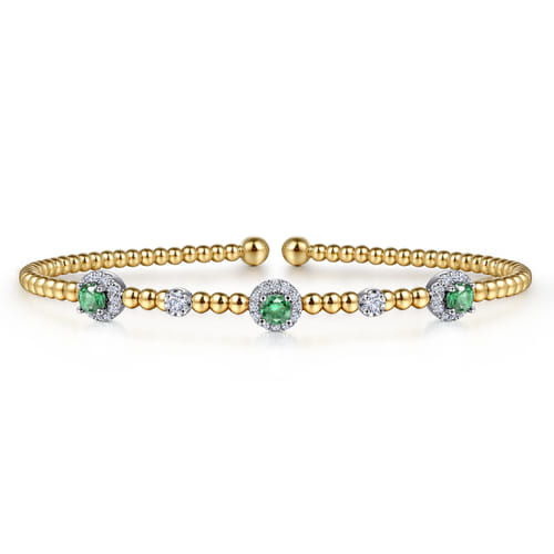 14K White-Yellow Gold Bujukan Bead Cuff Bracelet with Emerald and Diamond Halo Stations