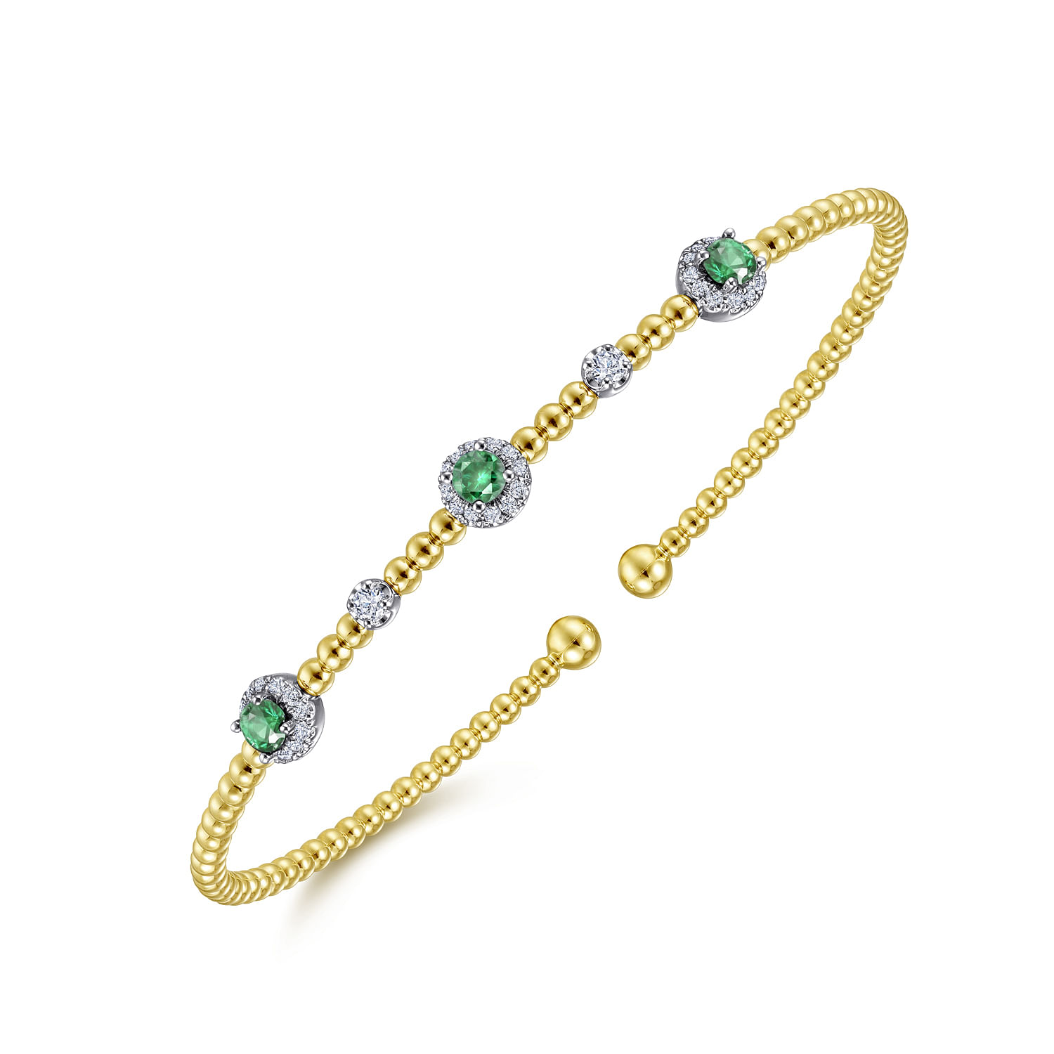 14K White-Yellow Gold Bujukan Bead Cuff Bracelet with Emerald and Diamond Halo Stations