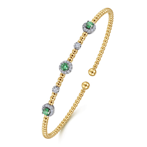 14K White-Yellow Gold Bujukan Bead Cuff Bracelet with Emerald and Diamond Halo Stations