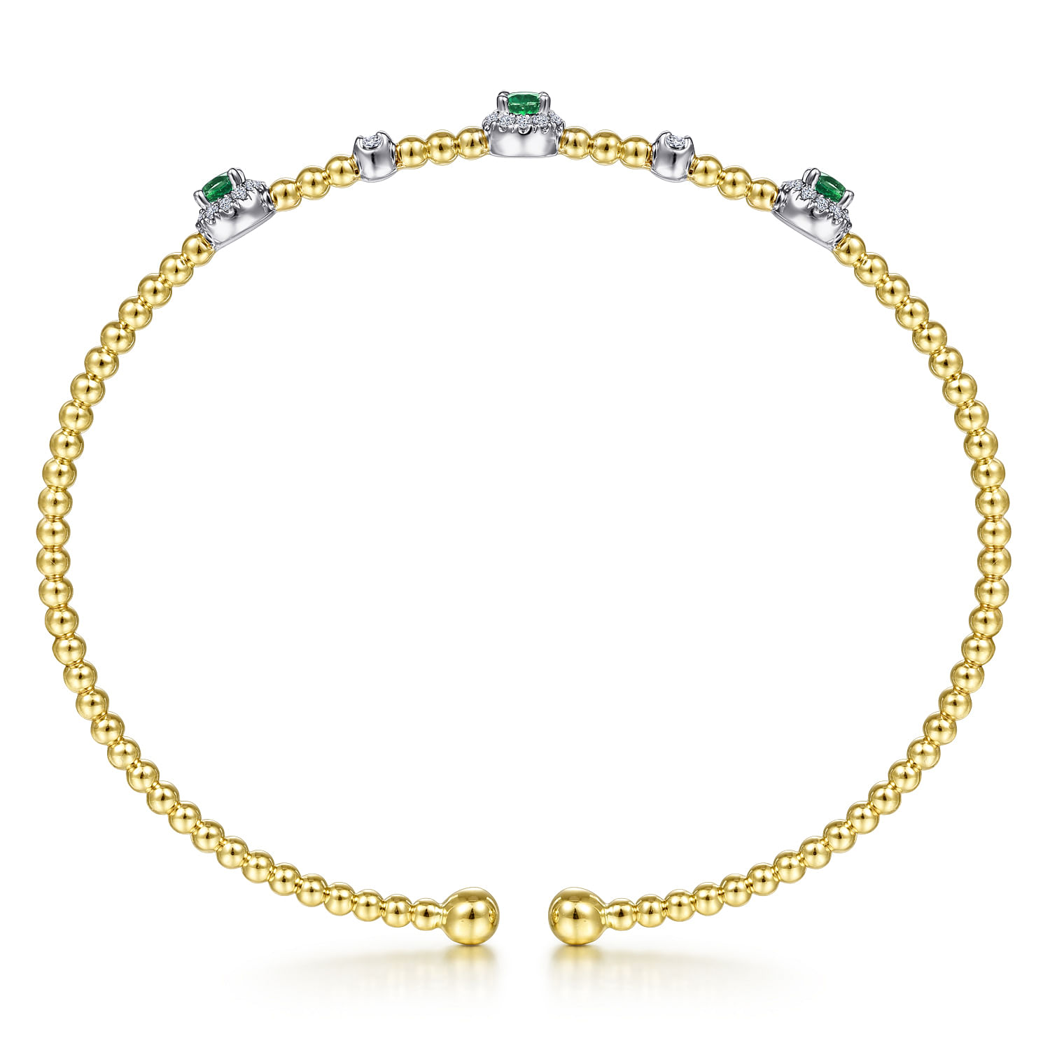 14K White-Yellow Gold Bujukan Bead Cuff Bracelet with Emerald and Diamond Halo Stations