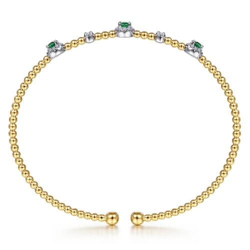 14K White-Yellow Gold Bujukan Bead Cuff Bracelet with Emerald and Diamond Halo Stations