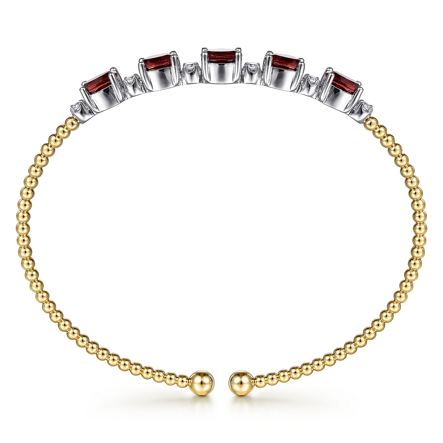14K White-Yellow Gold Bujukan Bead Cuff Bracelet with Garnet and Diamond Stations