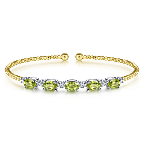 14K White-Yellow Gold Bujukan Bead Cuff Bracelet with Peridot and Diamond Stations