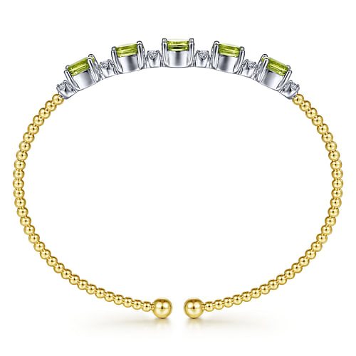 14K White-Yellow Gold Bujukan Bead Cuff Bracelet with Peridot and Diamond Stations