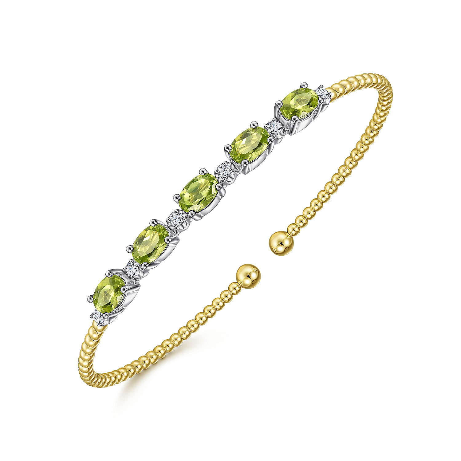 14K White-Yellow Gold Bujukan Bead Cuff Bracelet with Peridot and Diamond Stations