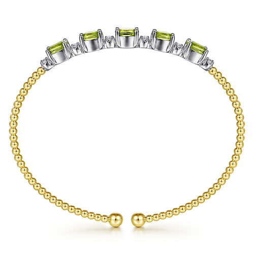 14K White-Yellow Gold Bujukan Bead Cuff Bracelet with Peridot and Diamond Stations