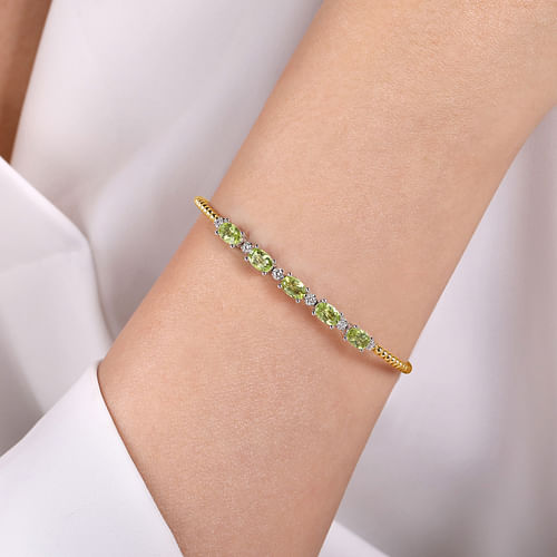 14K White-Yellow Gold Bujukan Bead Cuff Bracelet with Peridot and Diamond Stations