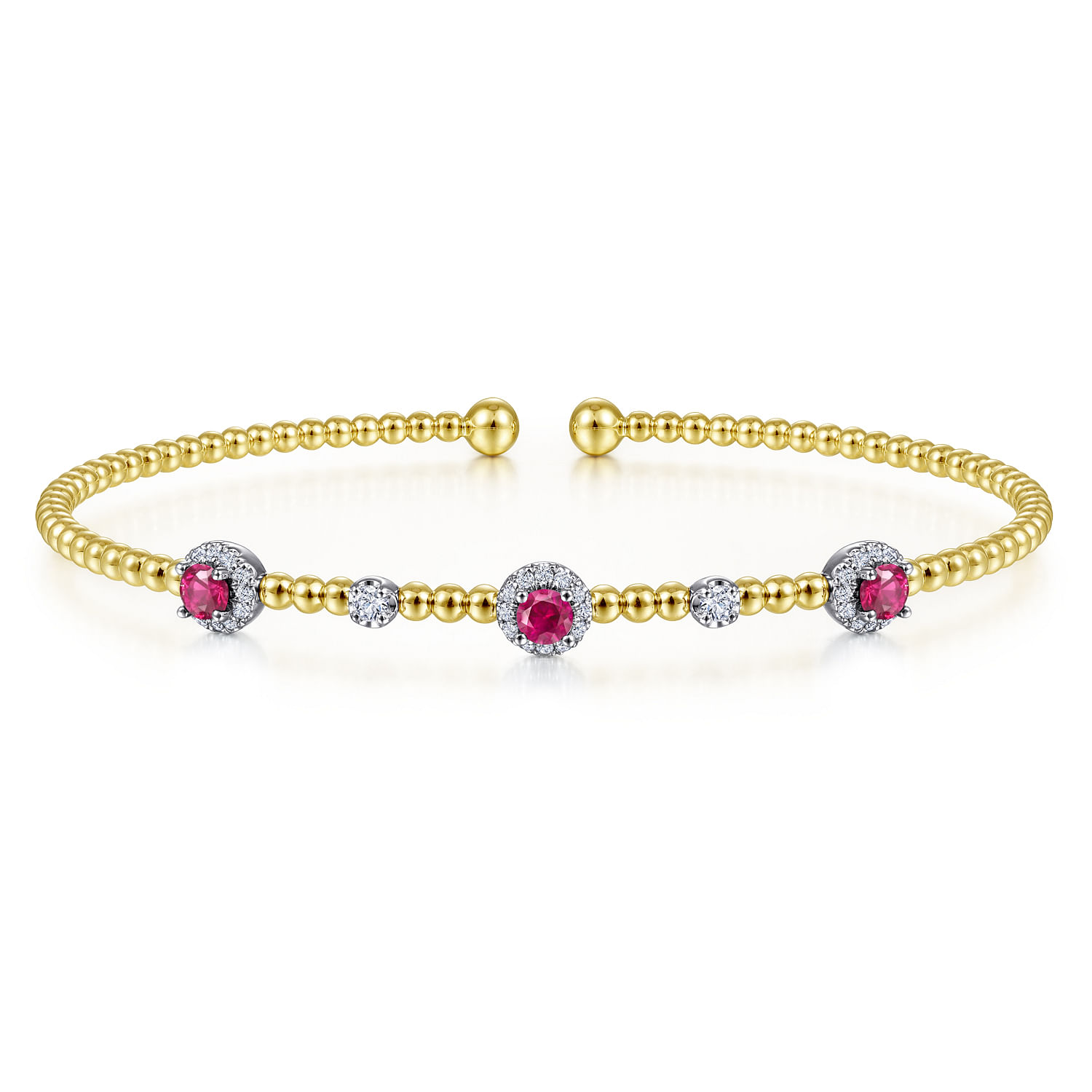 14K White-Yellow Gold Bujukan Bead Cuff Bracelet with Ruby and Diamond Halo Stations