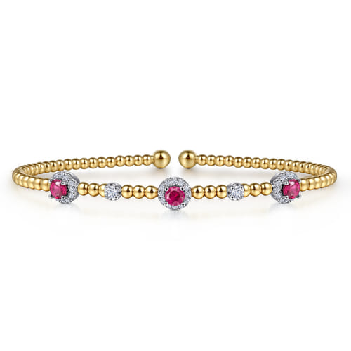 14K White-Yellow Gold Bujukan Bead Cuff Bracelet with Ruby and Diamond Halo Stations 14K White-Yellow Gold Bujukan Bead Cuff Bracelet with Ruby and Diamond Halo Stations