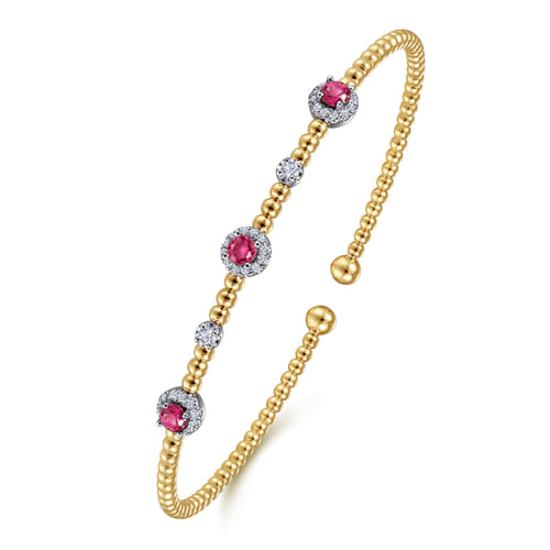 14K White-Yellow Gold Bujukan Bead Cuff Bracelet with Ruby and Diamond Halo Stations 14K White-Yellow Gold Bujukan Bead Cuff Bracelet with Ruby and Diamond Halo Stations