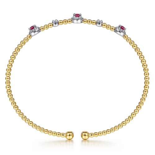 14K White-Yellow Gold Bujukan Bead Cuff Bracelet with Ruby and Diamond Halo Stations 14K White-Yellow Gold Bujukan Bead Cuff Bracelet with Ruby and Diamond Halo Stations