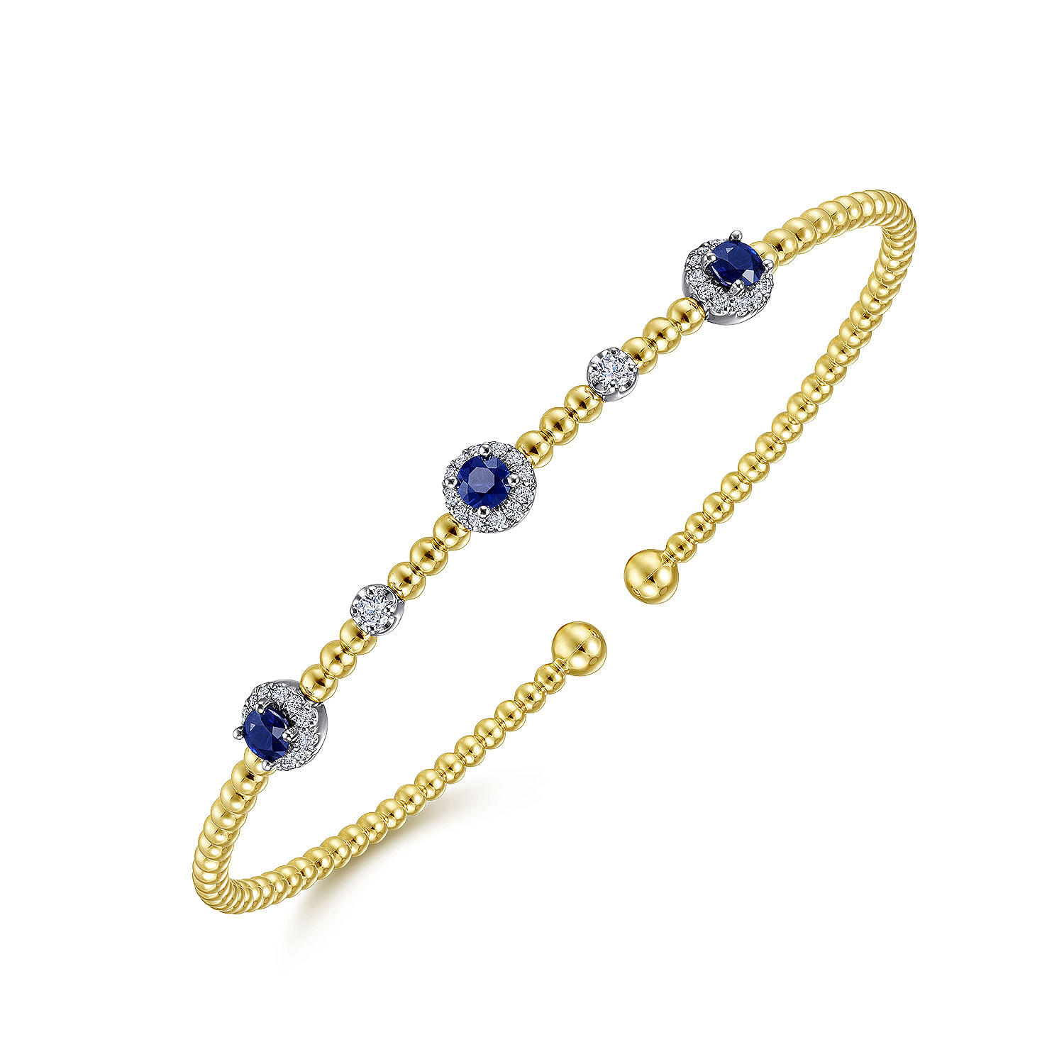 14K White-Yellow Gold Bujukan Bead Cuff Bracelet with Sapphire and Diamond Halo Stations