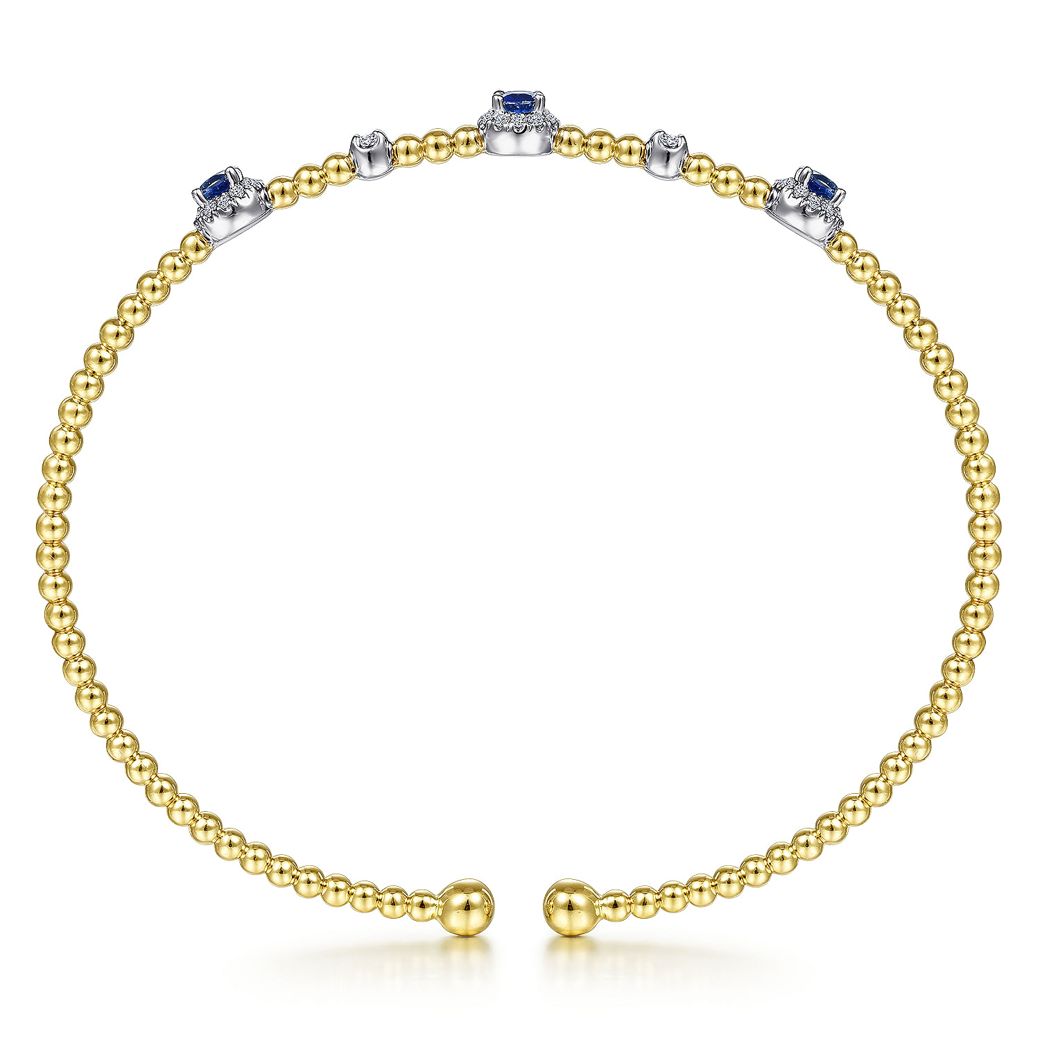 14K White-Yellow Gold Bujukan Bead Cuff Bracelet with Sapphire and Diamond Halo Stations