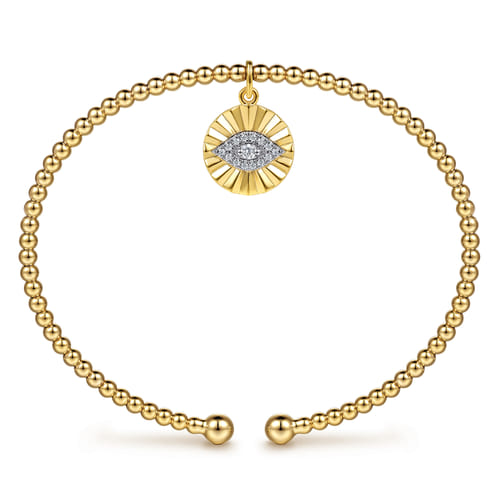 14K White-Yellow Gold Bujukan Beaded Diamond Evil Eye Charm Cuff Bangle Bracelet