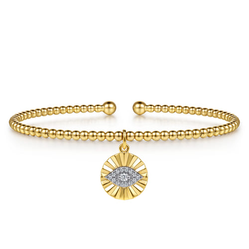 14K White-Yellow Gold Bujukan Beaded Diamond Evil Eye Charm Cuff Bangle Bracelet
