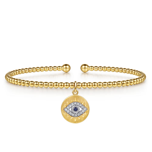 14K White-Yellow Gold Bujukan Sapphire and Diamond Evil Eye Charm Cuff Bangle Bracelet