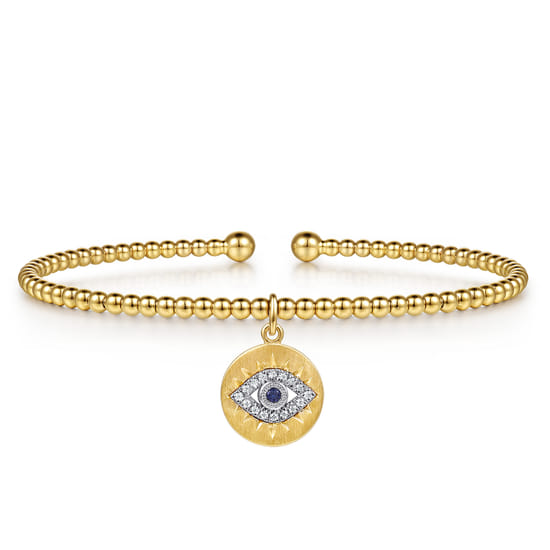 14K White-Yellow Gold Bujukan Sapphire and Diamond Evil Eye Charm Cuff Bangle Bracelet 14K White-Yellow Gold Bujukan Sapphire and Diamond Evil Eye Charm Cuff Bangle Bracelet