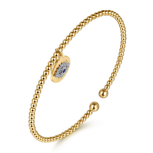 14K White-Yellow Gold Bujukan Sapphire and Diamond Evil Eye Charm Cuff Bangle Bracelet